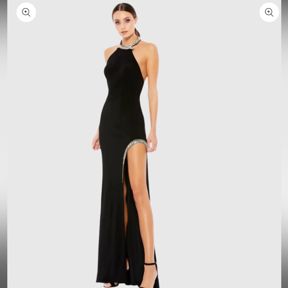 New ILEENA for MAC DUGGAL Black Rhinestone Accented Halter Maxi Gown